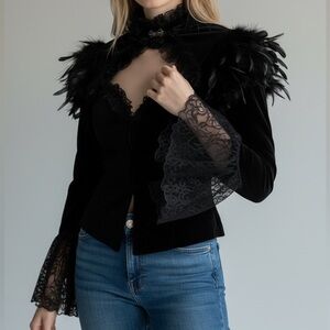 Damask Black Lace Feather Cape Jacket
